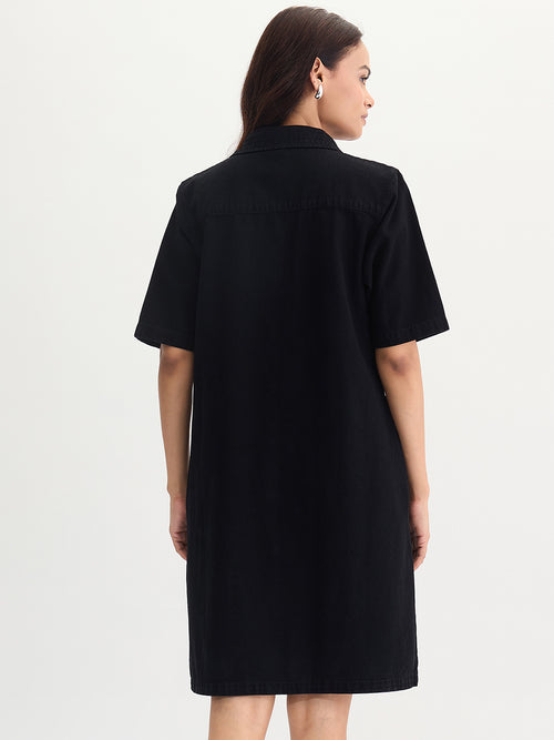 Black Denim Knee Length Shirt Dress