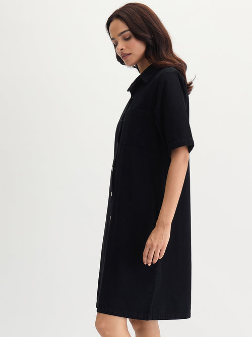 Black Denim Knee Length Shirt Dress