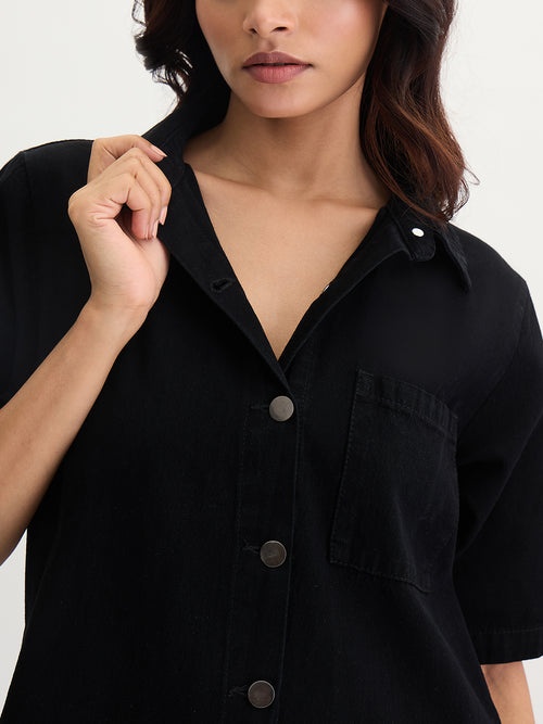Black Denim Knee Length Shirt Dress