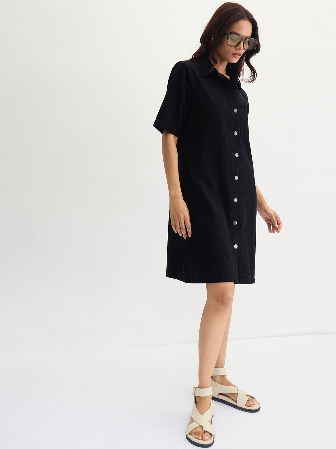 Black Denim Knee Length Shirt Dress