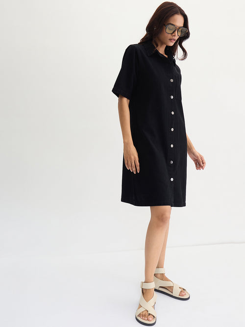 Black Denim Knee Length Shirt Dress