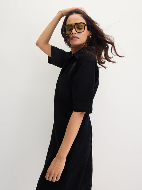 Black Denim Knee Length Shirt Dress