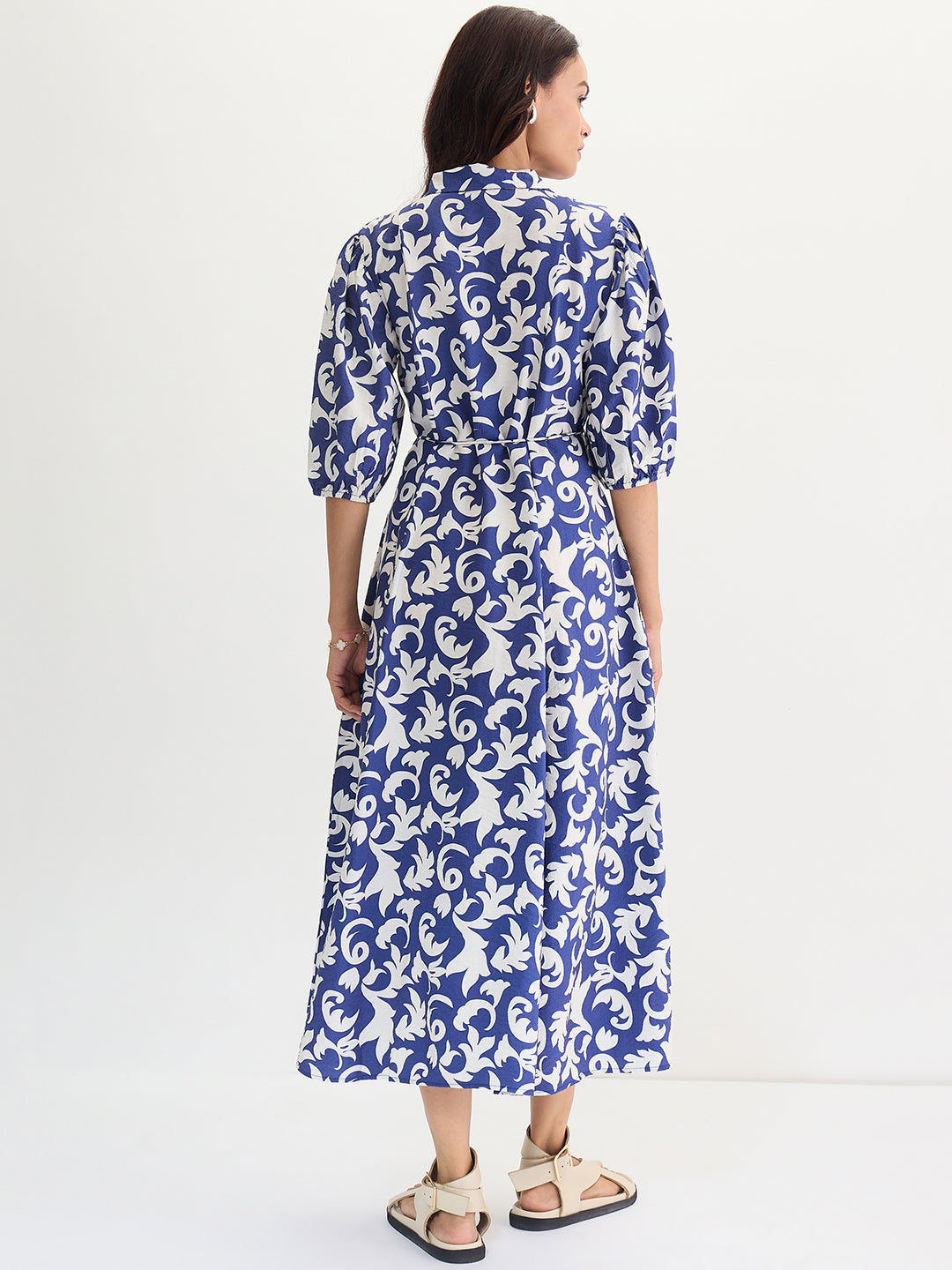 Blue & White Abstract Printed Midi Dress
