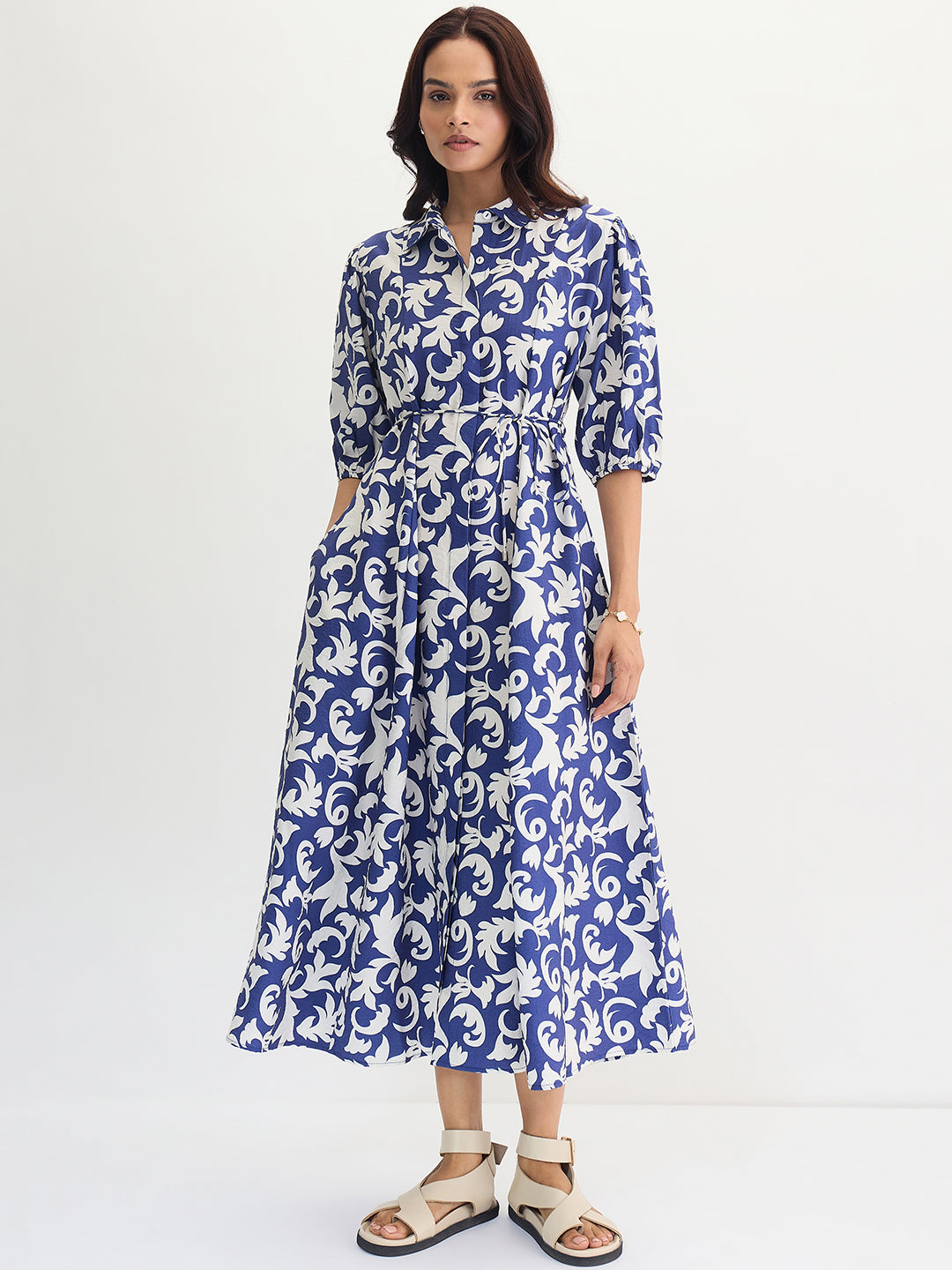 Blue & White Abstract Printed Midi Dress