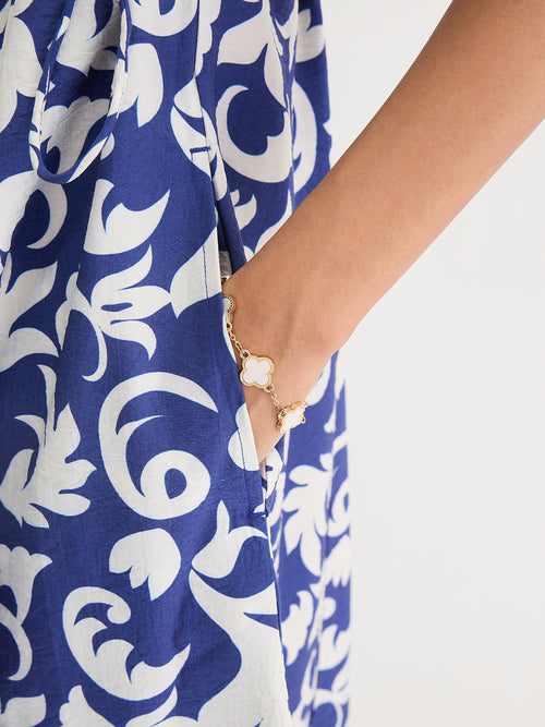 Blue & White Abstract Printed Midi Dress