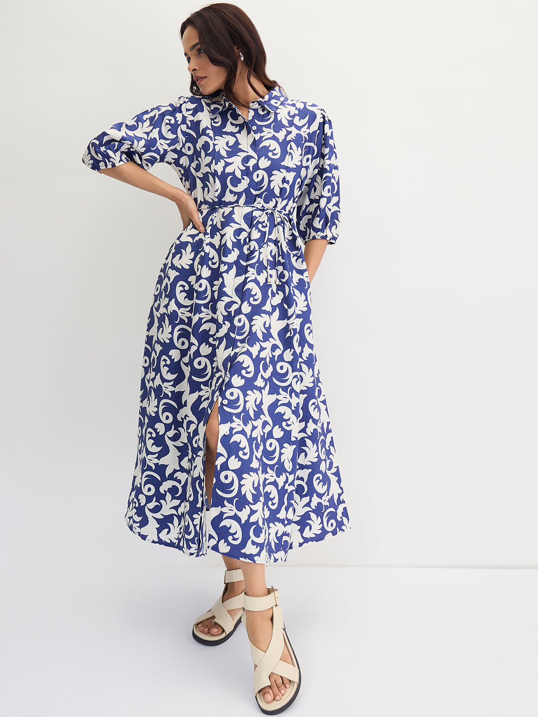 Blue & White Abstract Printed Midi Dress