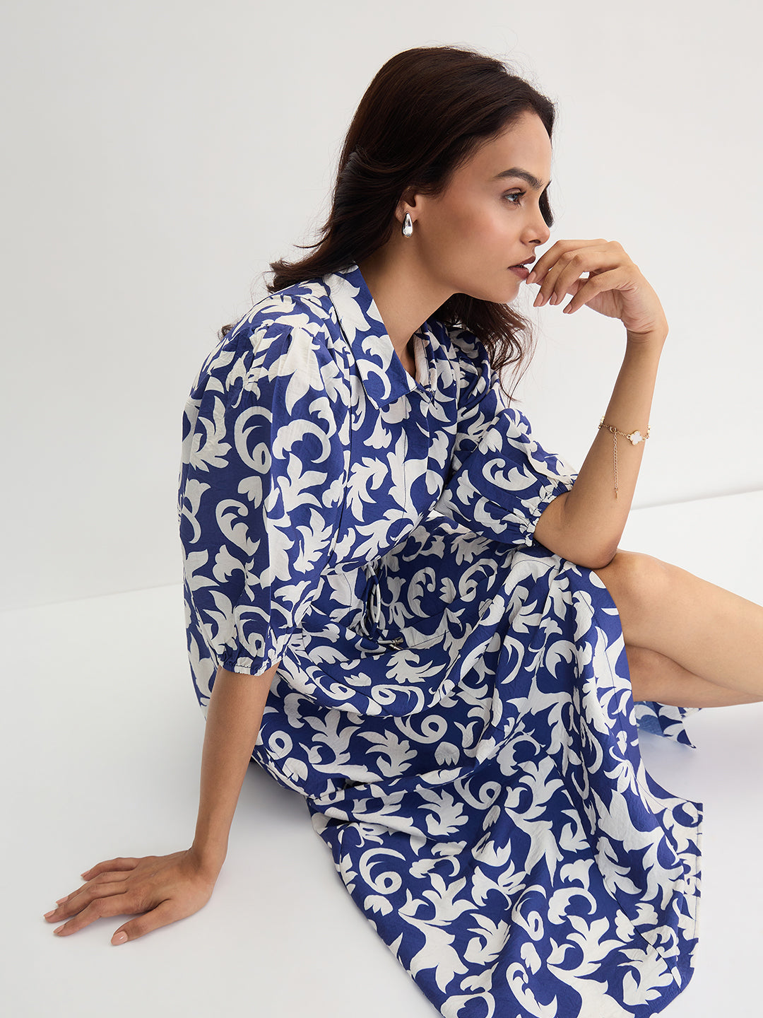 Blue & White Abstract Printed Midi Dress