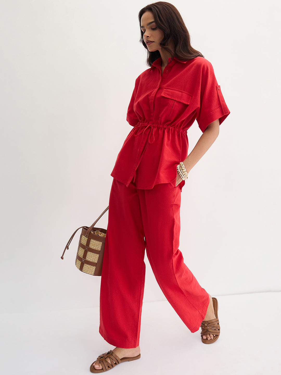 Red Cotton Linen Straight Pants