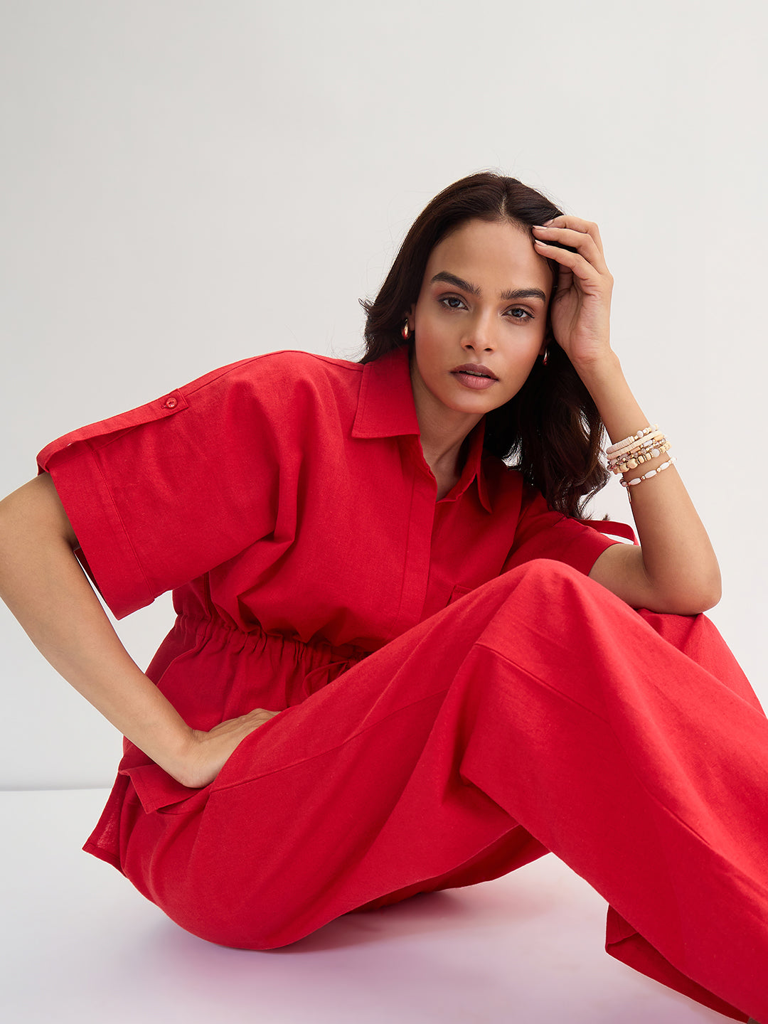 Red Cotton Linen Straight Pants