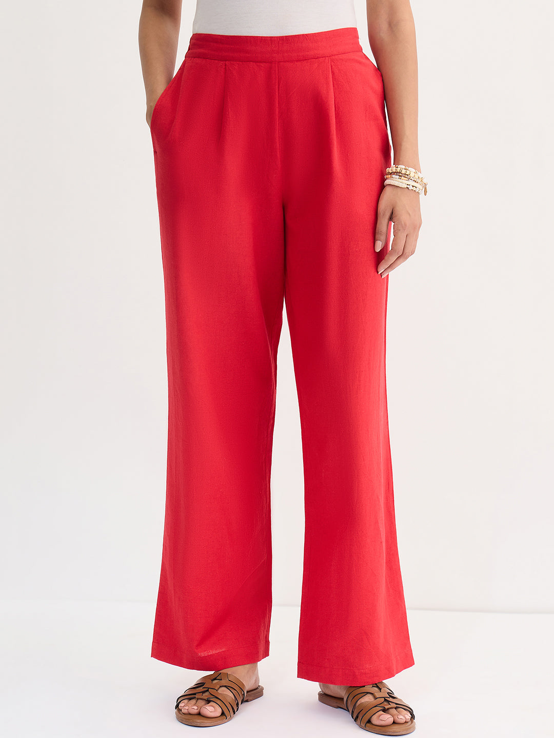Red Cotton Linen Straight Pants