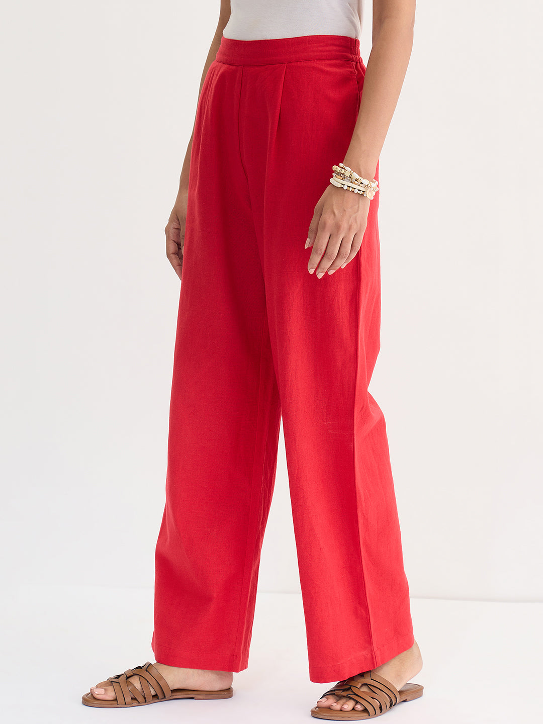 Red Cotton Linen Straight Pants