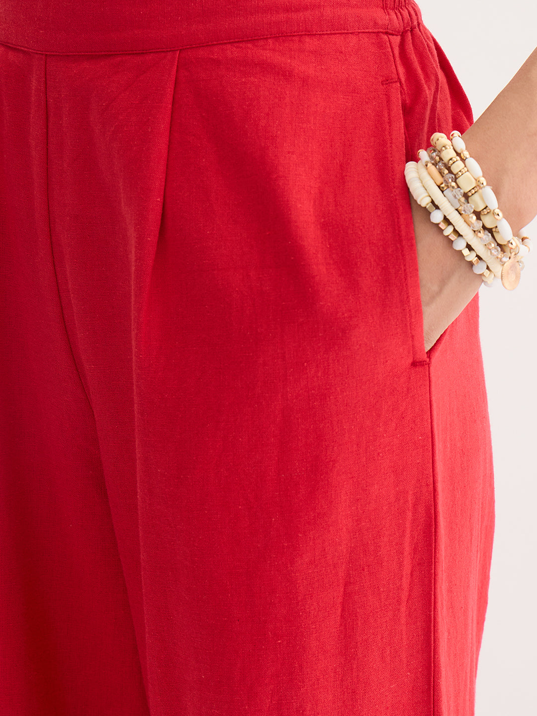 Red Cotton Linen Straight Pants