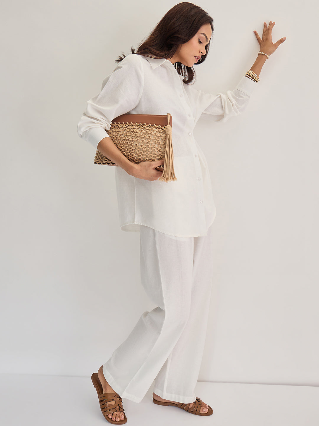 White Cotton Linen Straight Pants