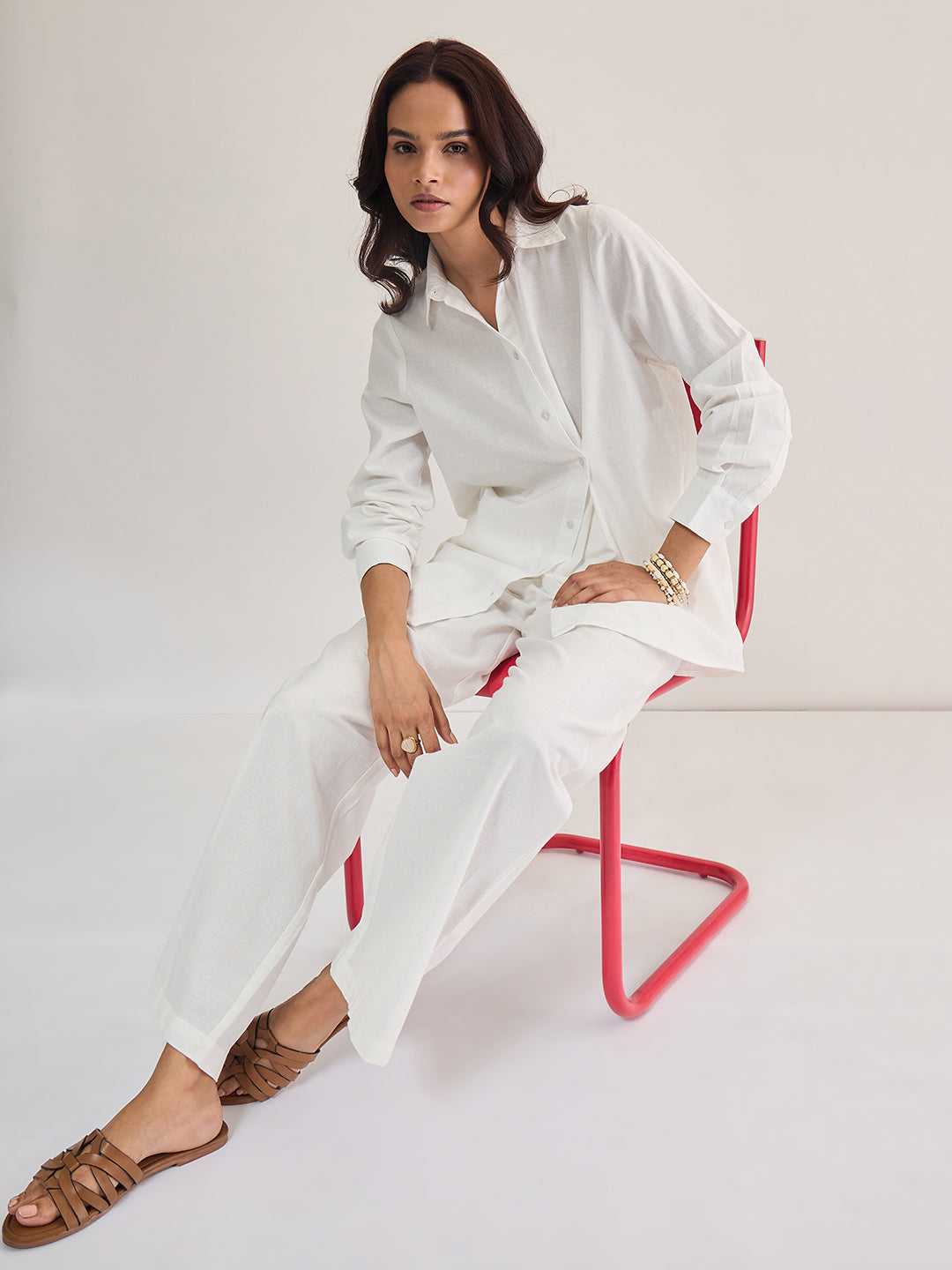 White Cotton Linen Straight Pants