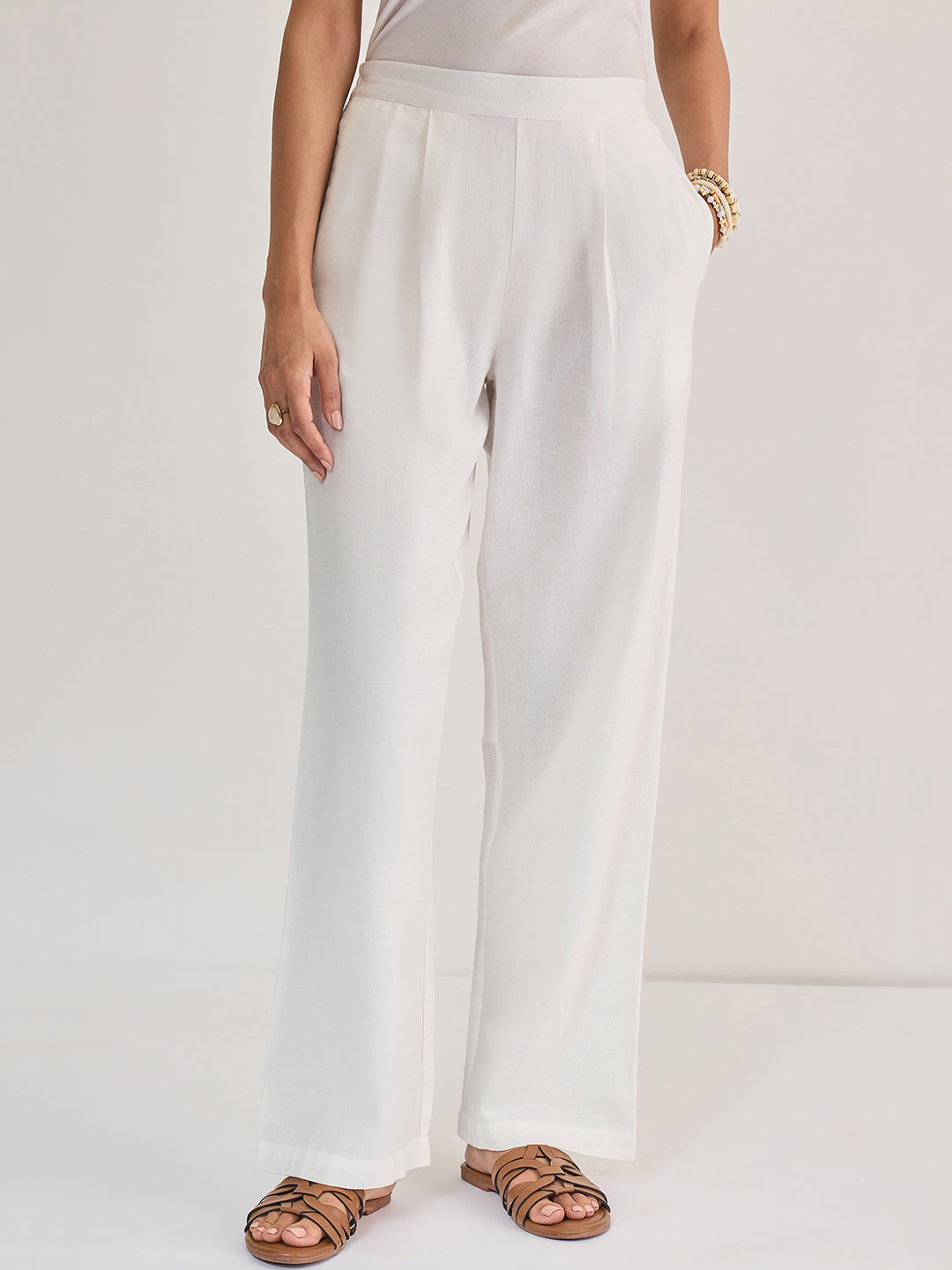 White Cotton Linen Straight Pants