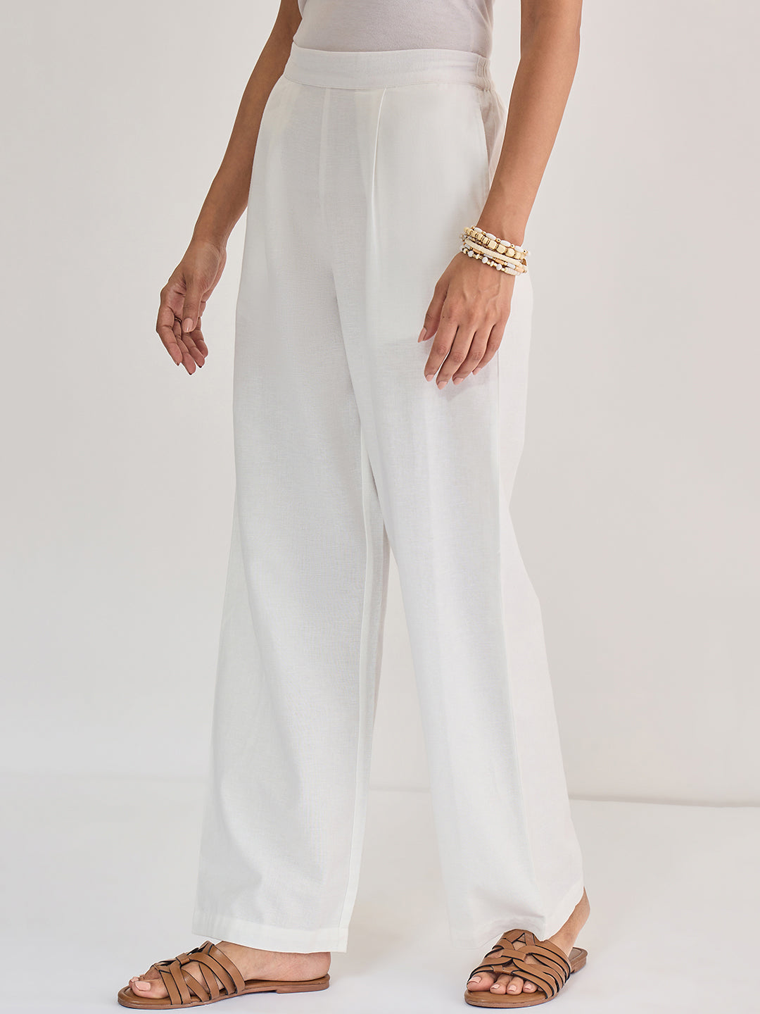 White Cotton Linen Straight Pants