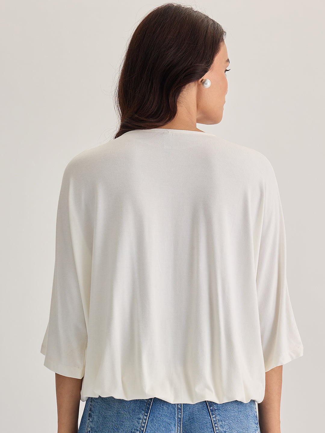 Bamboo White Knit Elasticated Hem Detail Top