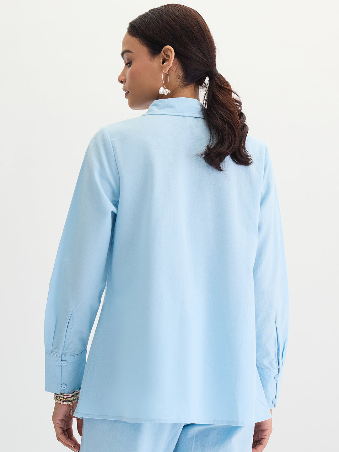 Light Blue Cotton Linen Pleat Detail Tunic