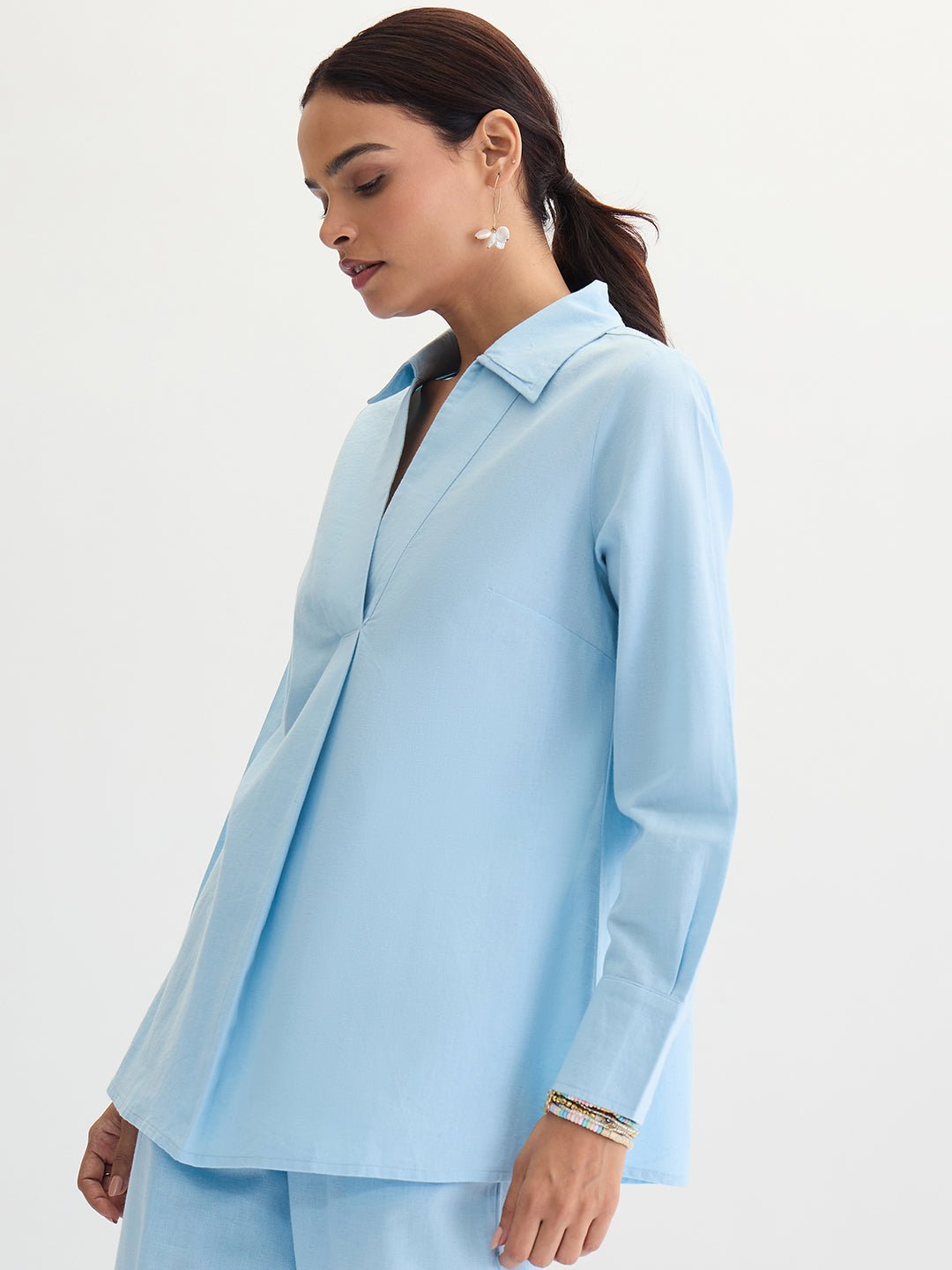 Light Blue Cotton Linen Pleat Detail Tunic