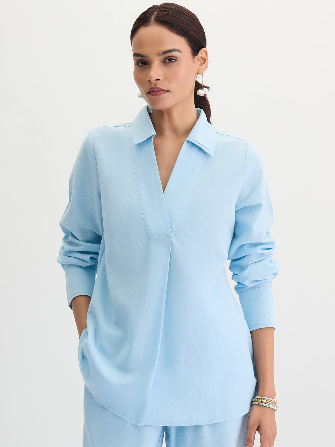 Light Blue Cotton Linen Pleat Detail Tunic