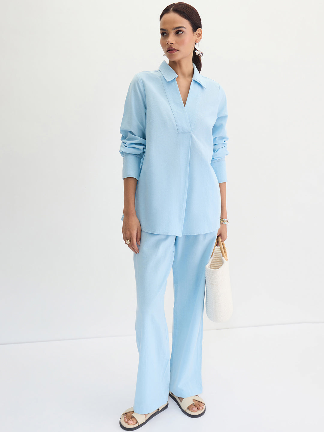 Light Blue Cotton Linen Straight Pants