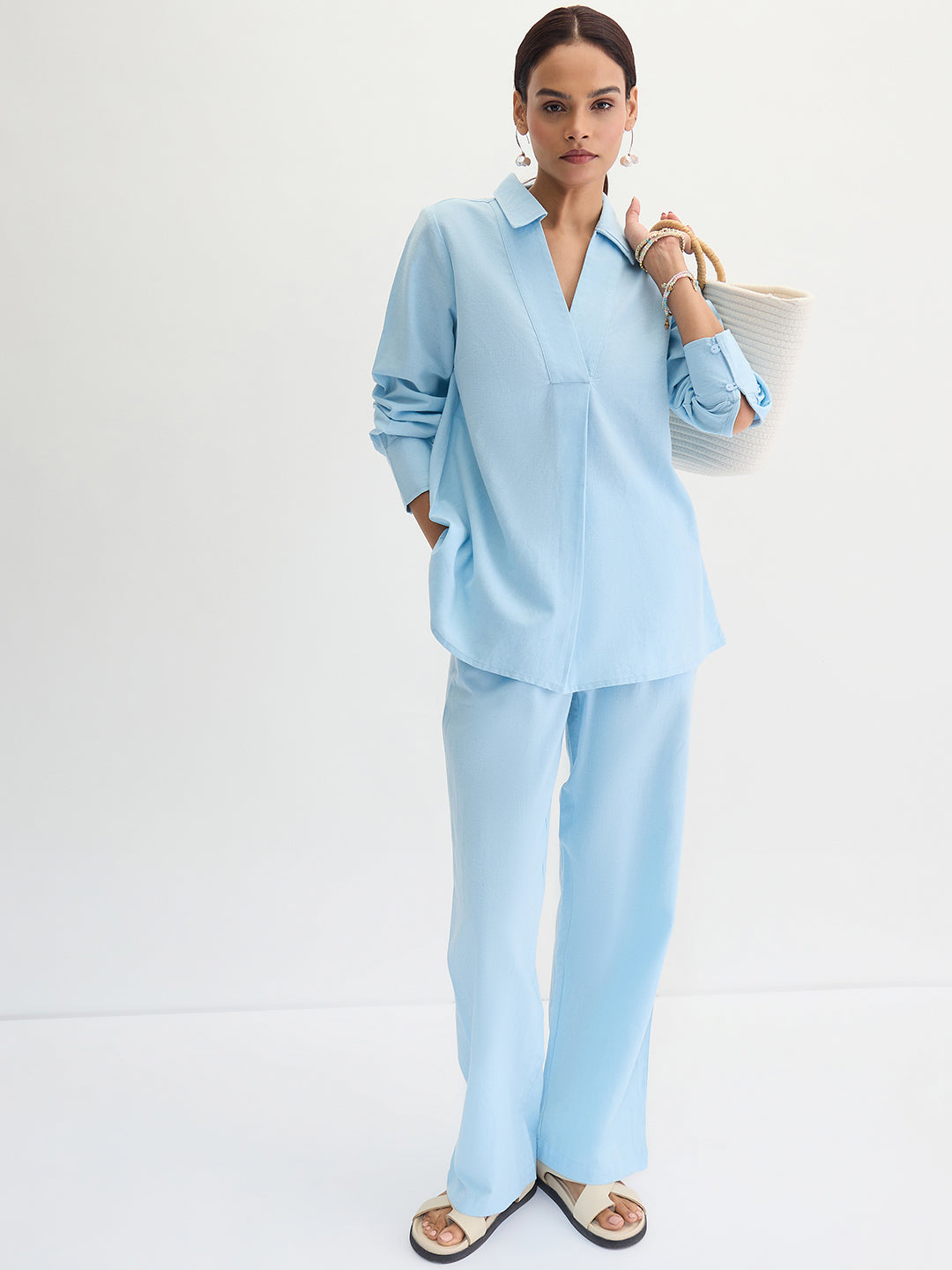 Light Blue Cotton Linen Pleat Detail Tunic