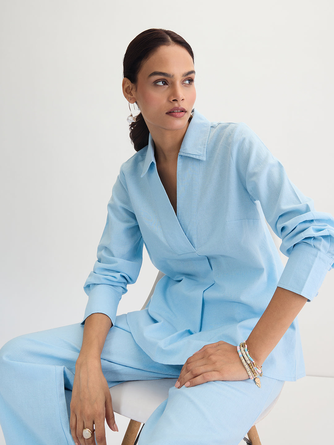 Light Blue Cotton Linen Pleat Detail Tunic