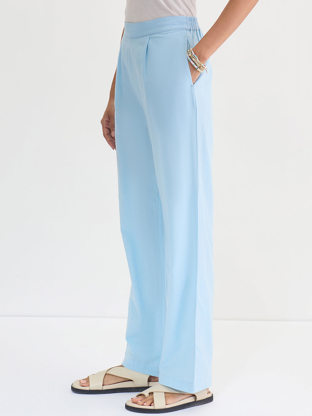Light Blue Cotton Linen Straight Pants