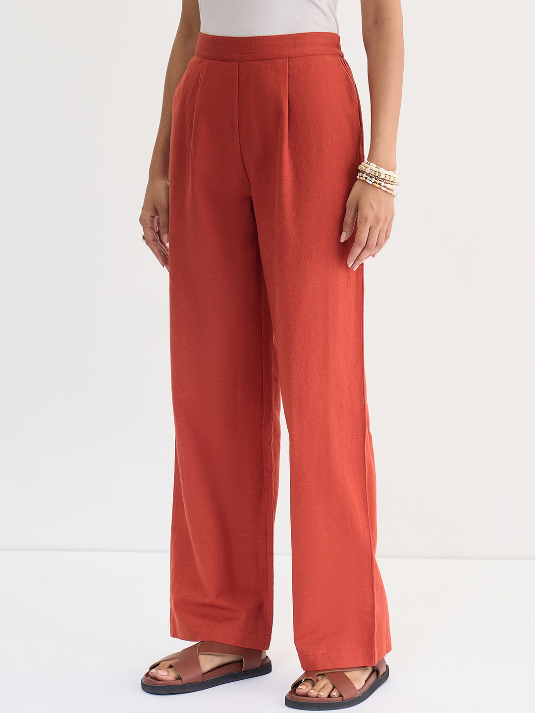 Rust Cotton Linen Straight Pants