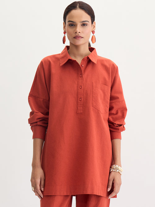 Rust Cotton Linen Button Detail Tunic