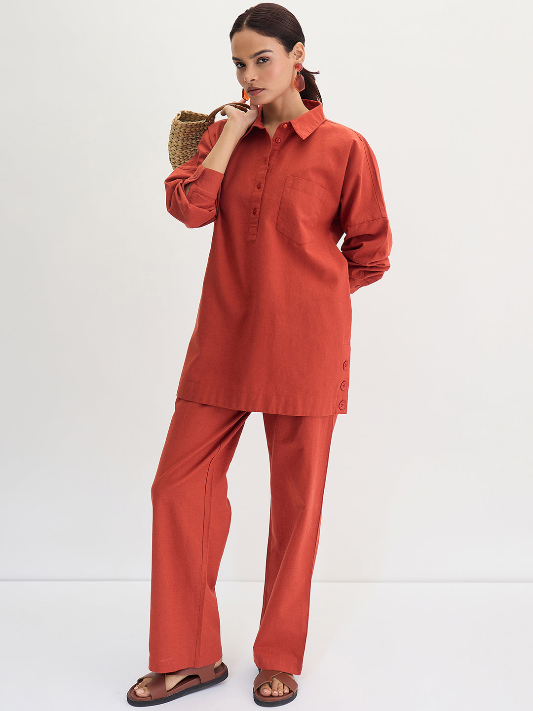 Rust Cotton Linen Straight Pants