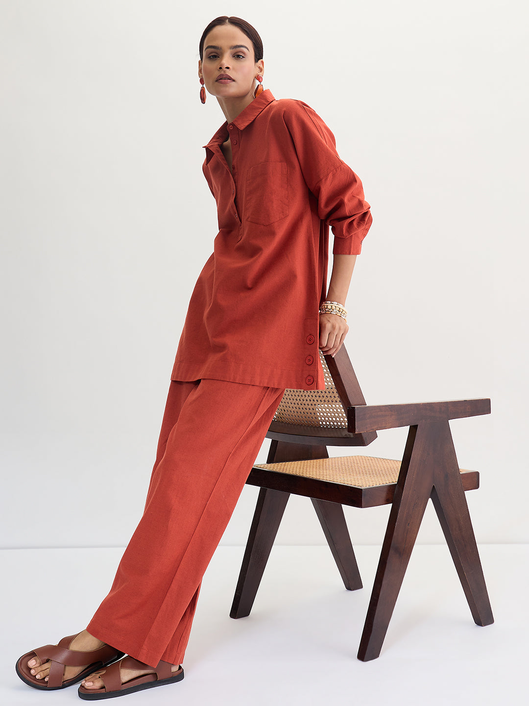 Rust Cotton Linen Straight Pants