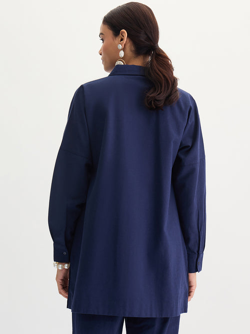Navy Blue Cotton Linen Button Detail Tunic