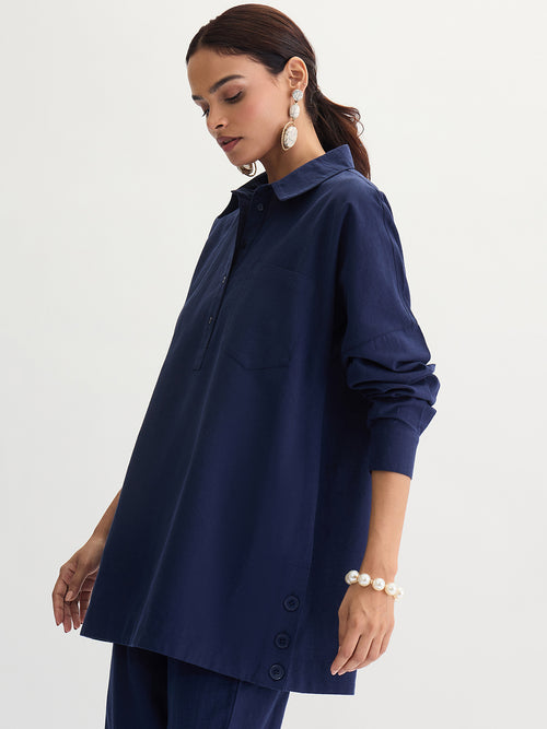 Navy Blue Cotton Linen Button Detail Tunic