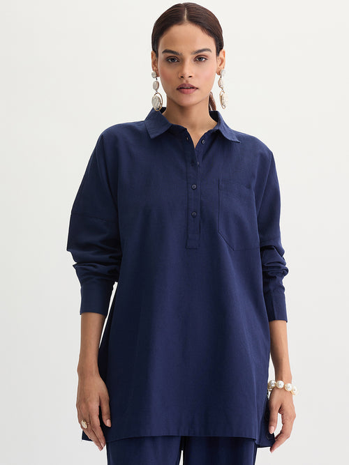 Navy Blue Cotton Linen Button Detail Tunic