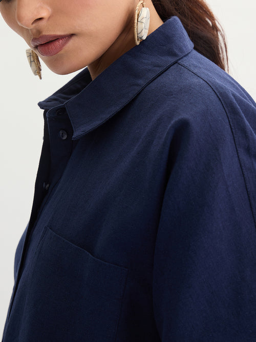 Navy Blue Cotton Linen Button Detail Tunic