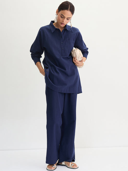 Navy Blue Cotton Linen Button Detail Tunic
