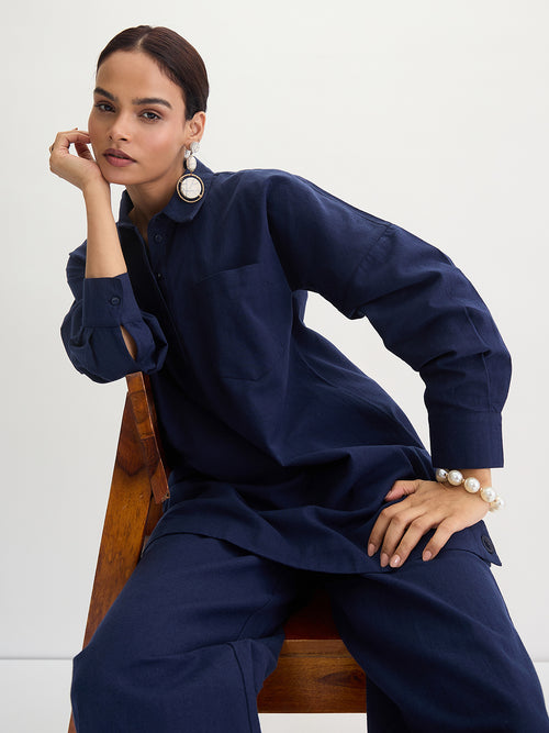 Navy Blue Cotton Linen Button Detail Tunic