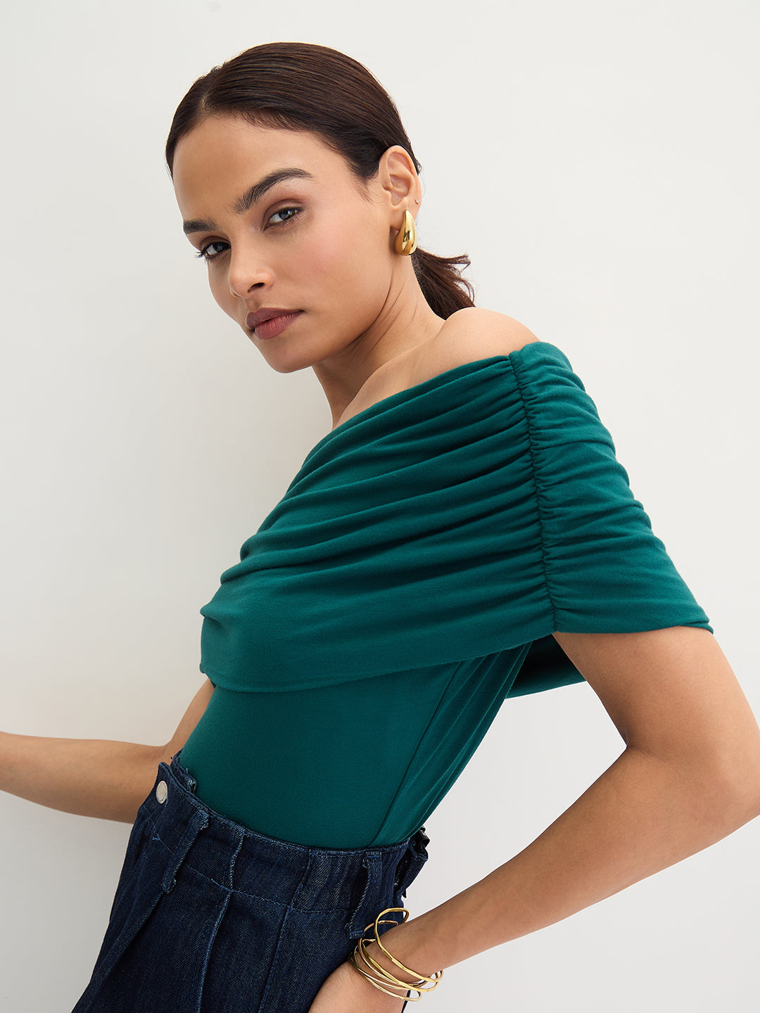 Bamboo Green Knit Off Shoulder Top