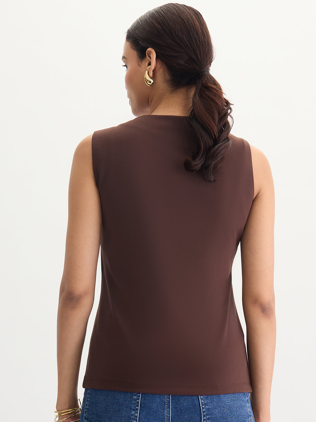 Coffee Brown Square Neck Sleeveless Top
