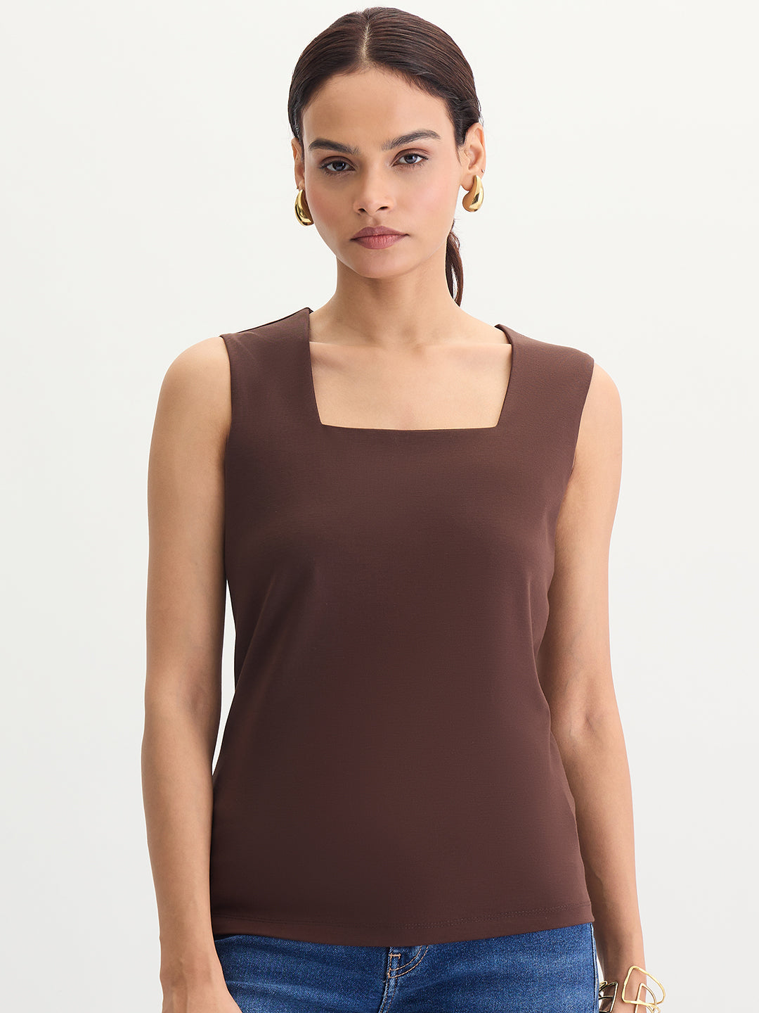 Coffee Brown Square Neck Sleeveless Top