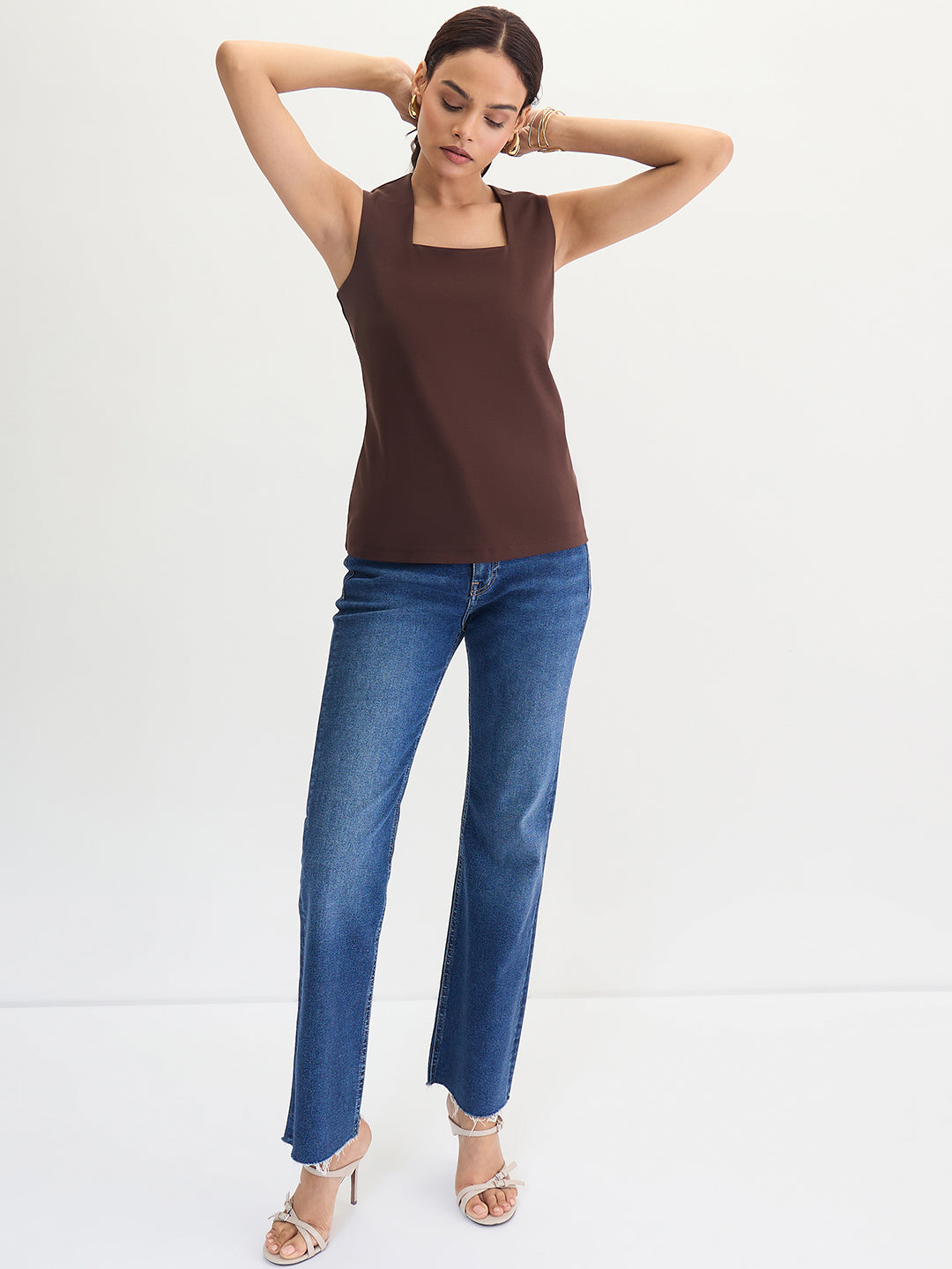 Coffee Brown Square Neck Sleeveless Top