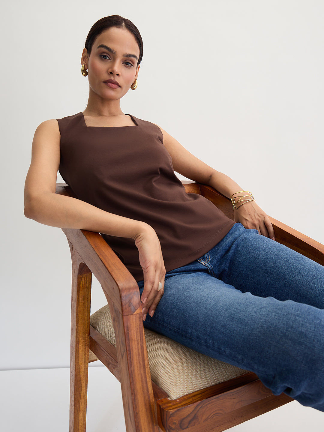 Coffee Brown Square Neck Sleeveless Top