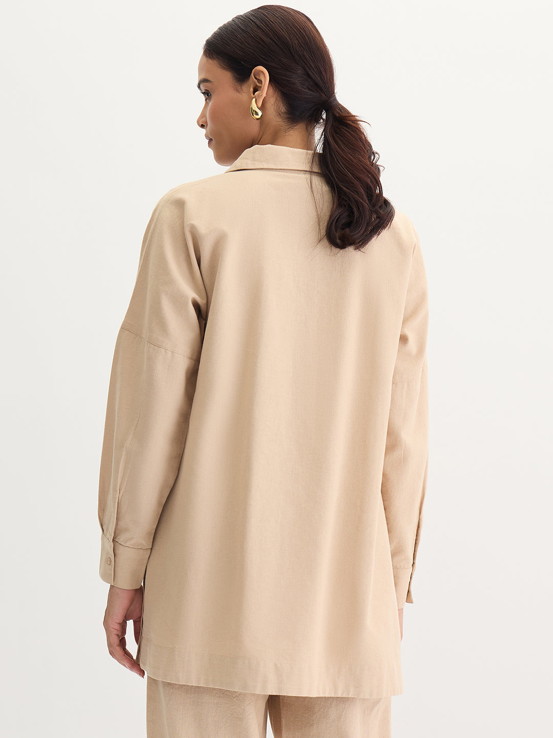 Beige Cotton Linen Button Detail Tunic