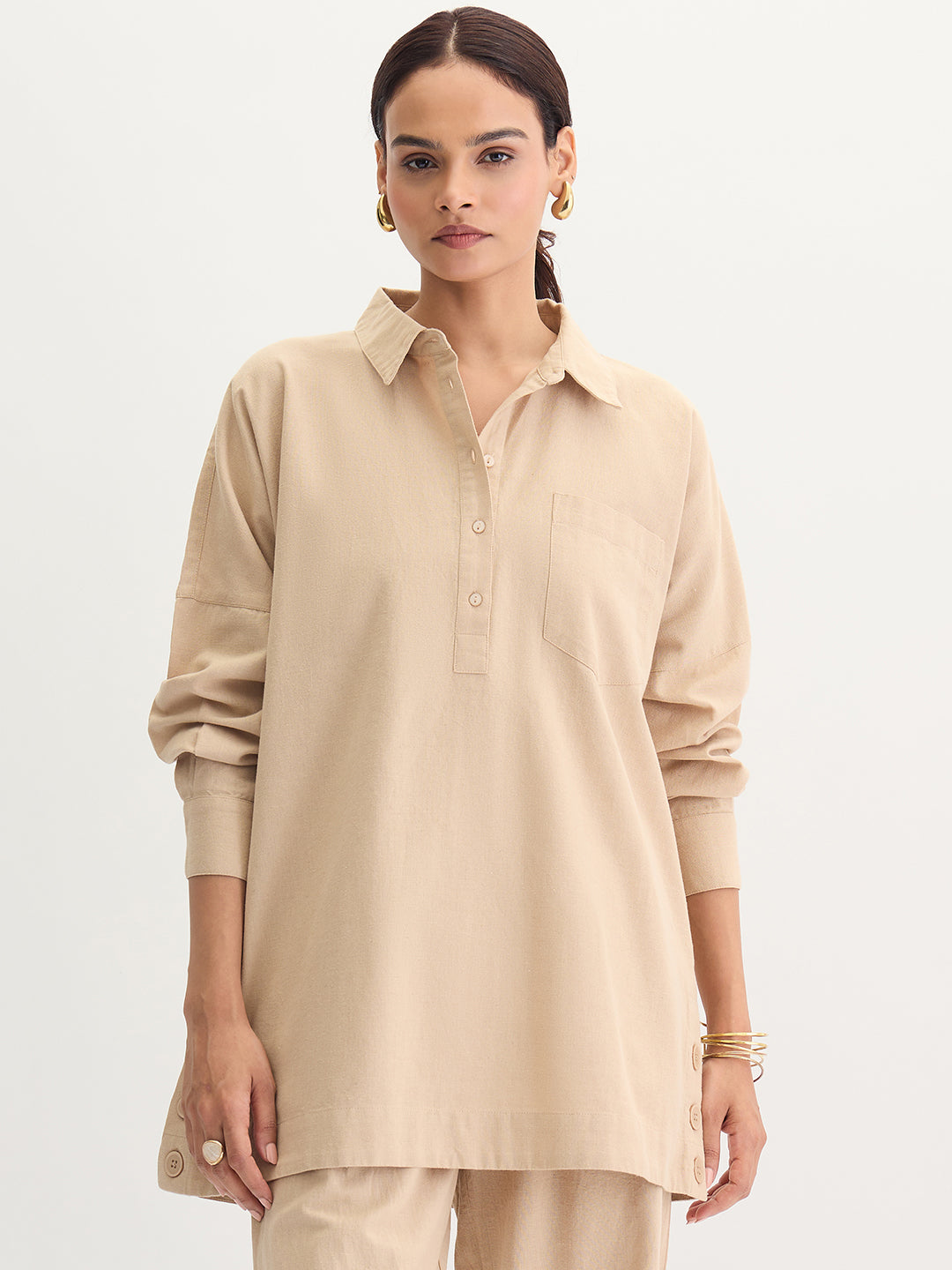 Beige Cotton Linen Button Detail Tunic