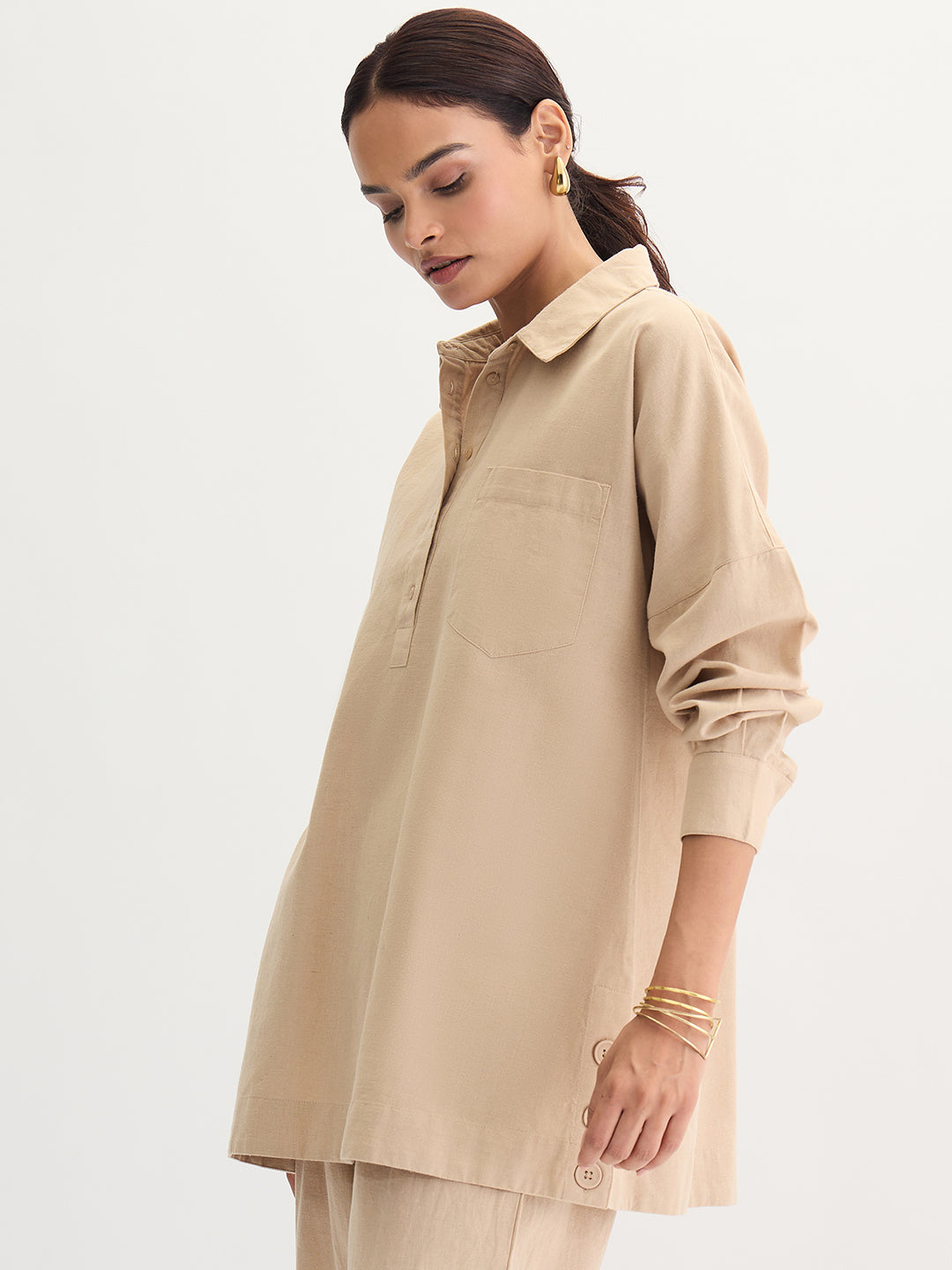 Beige Cotton Linen Button Detail Tunic