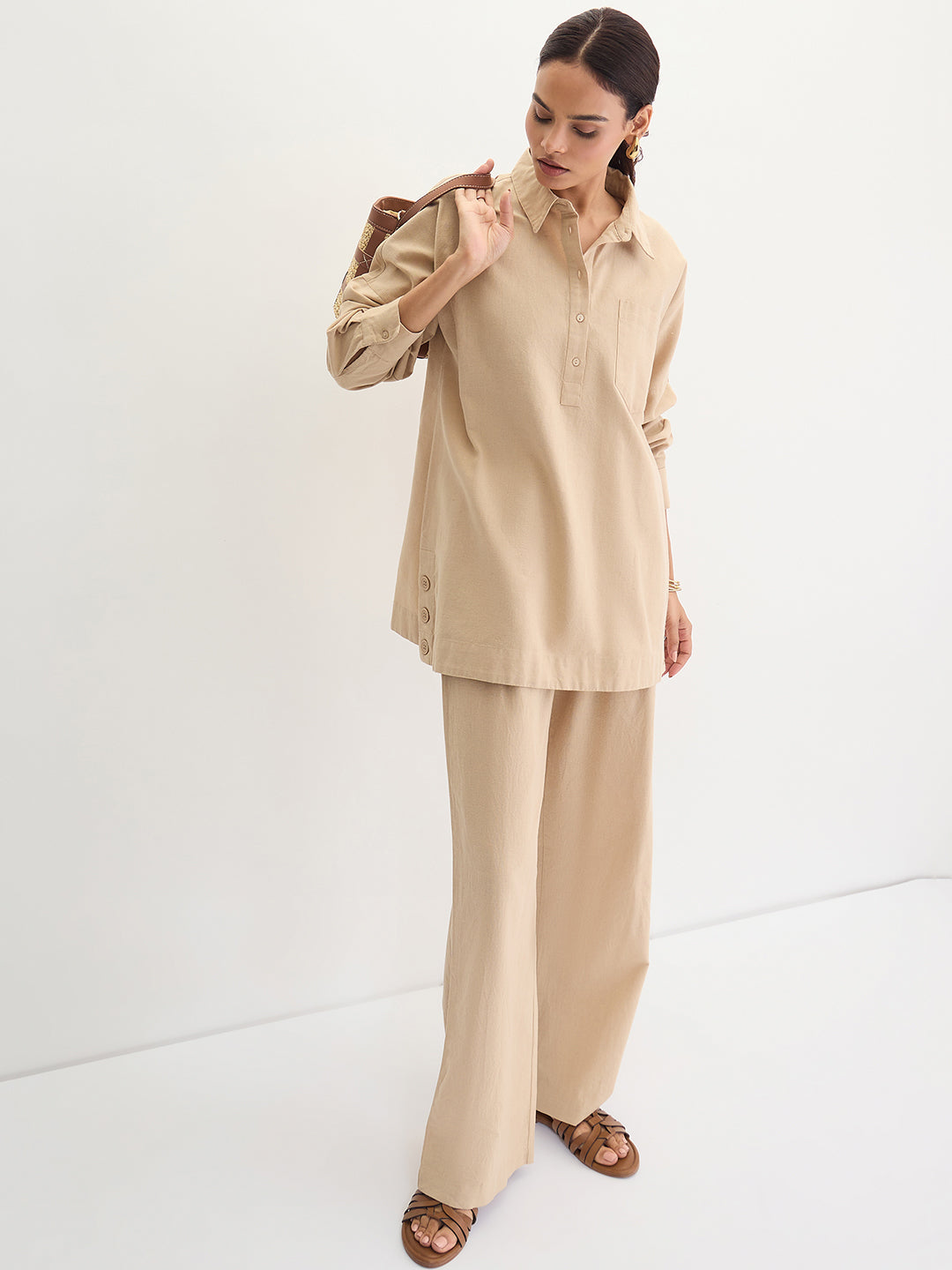 Beige Cotton Linen Button Detail Tunic