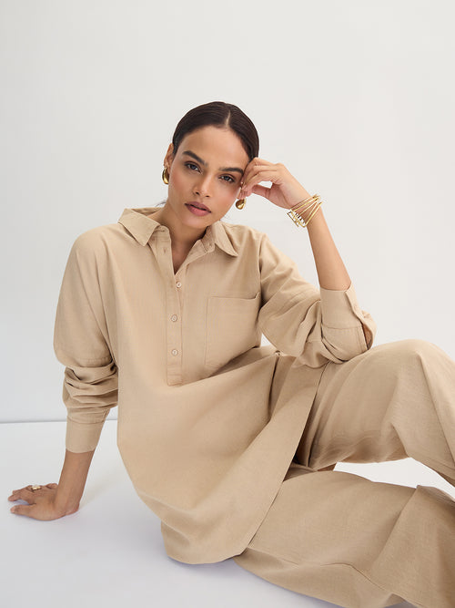 Beige Cotton Linen Button Detail Tunic