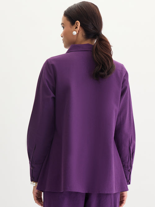 Deep Purple Cotton Linen Pleat Detail Tunic