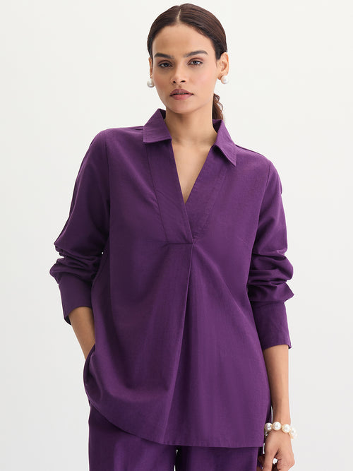 Deep Purple Cotton Linen Pleat Detail Tunic